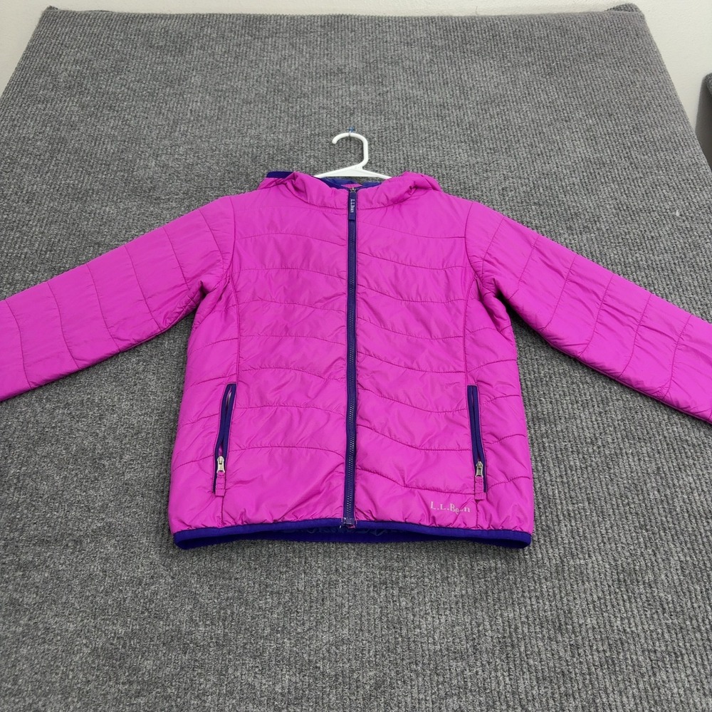 LL Bean Puffer Jacket Kids M 10-12 Magenta Nylon PrimaLoft Hooded Quilted Style